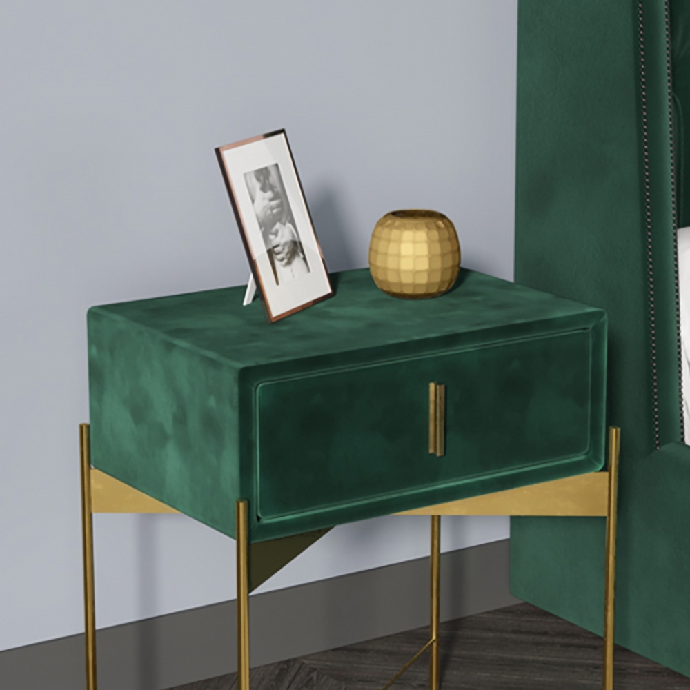 Green Bedroom Bedside Table with Drawer Velvet Upholstered and Stainless Steel Base