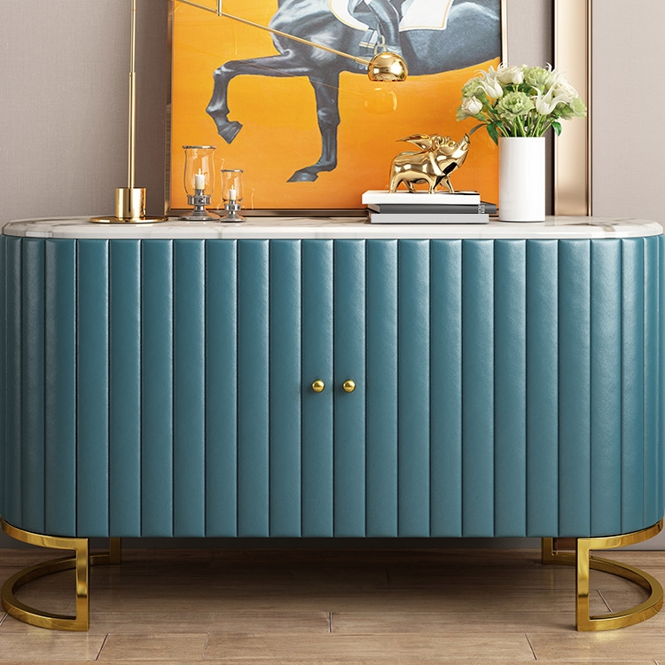 Epaule 2-Door Sideboard with Marble Top Stainless Steel Frame Buffet Table Blue & White