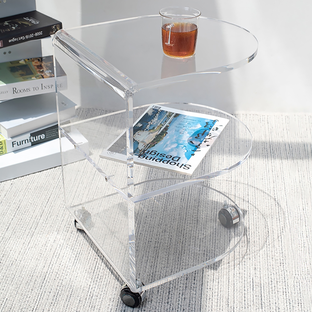 Clear Acrylic Rolling End Table with Shelves Semicircle