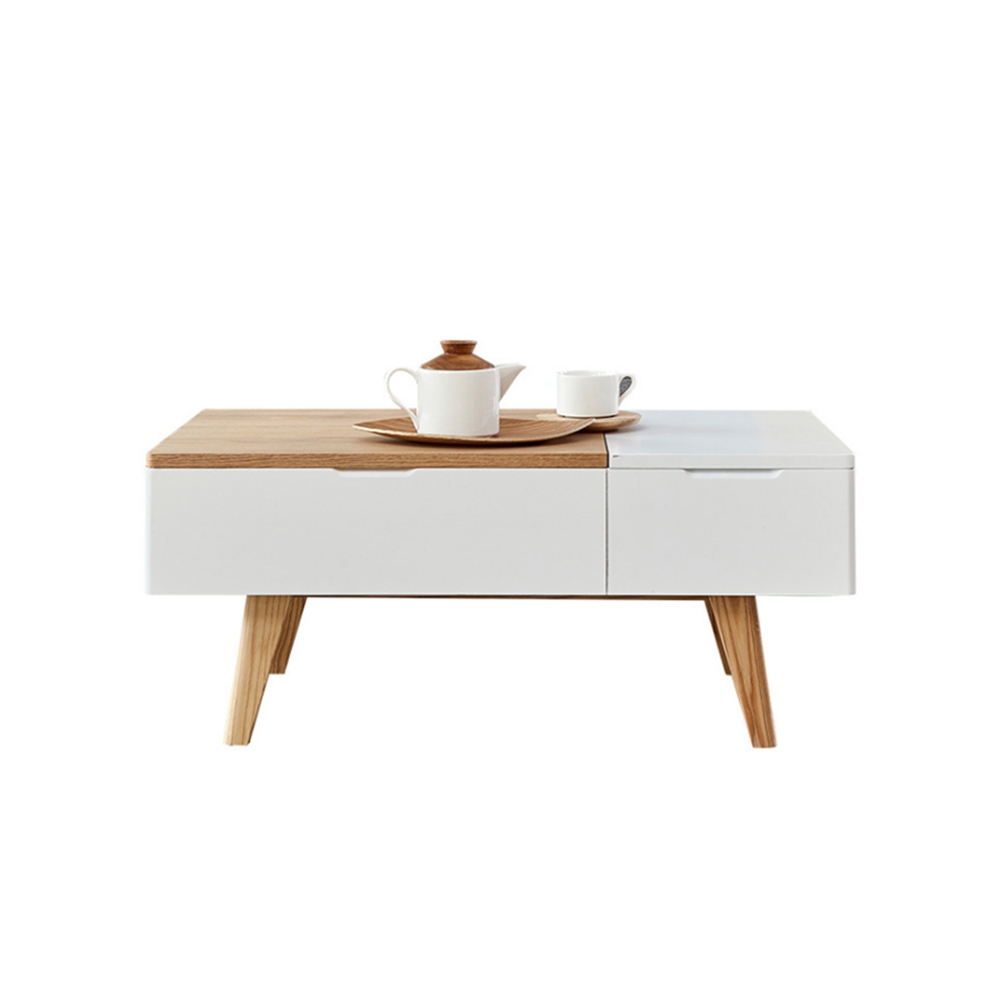 White&Natural Rectangular Coffee Table with Drawer Lift-Top Hidden Storage Accent Table