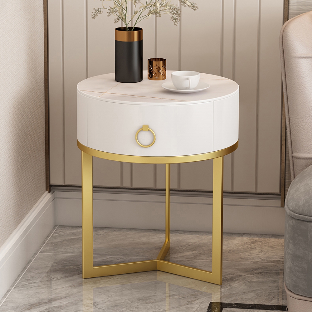 Runder weißer Nachttisch mit 1 Schublade Moderner Nachttisch mit goldenem Rahmen