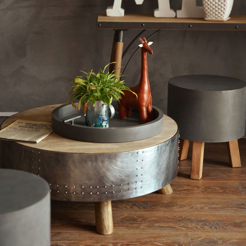 

Industrial Vintage Aluminium Coffee Table Round Aviator Accent Table Loft Wood
