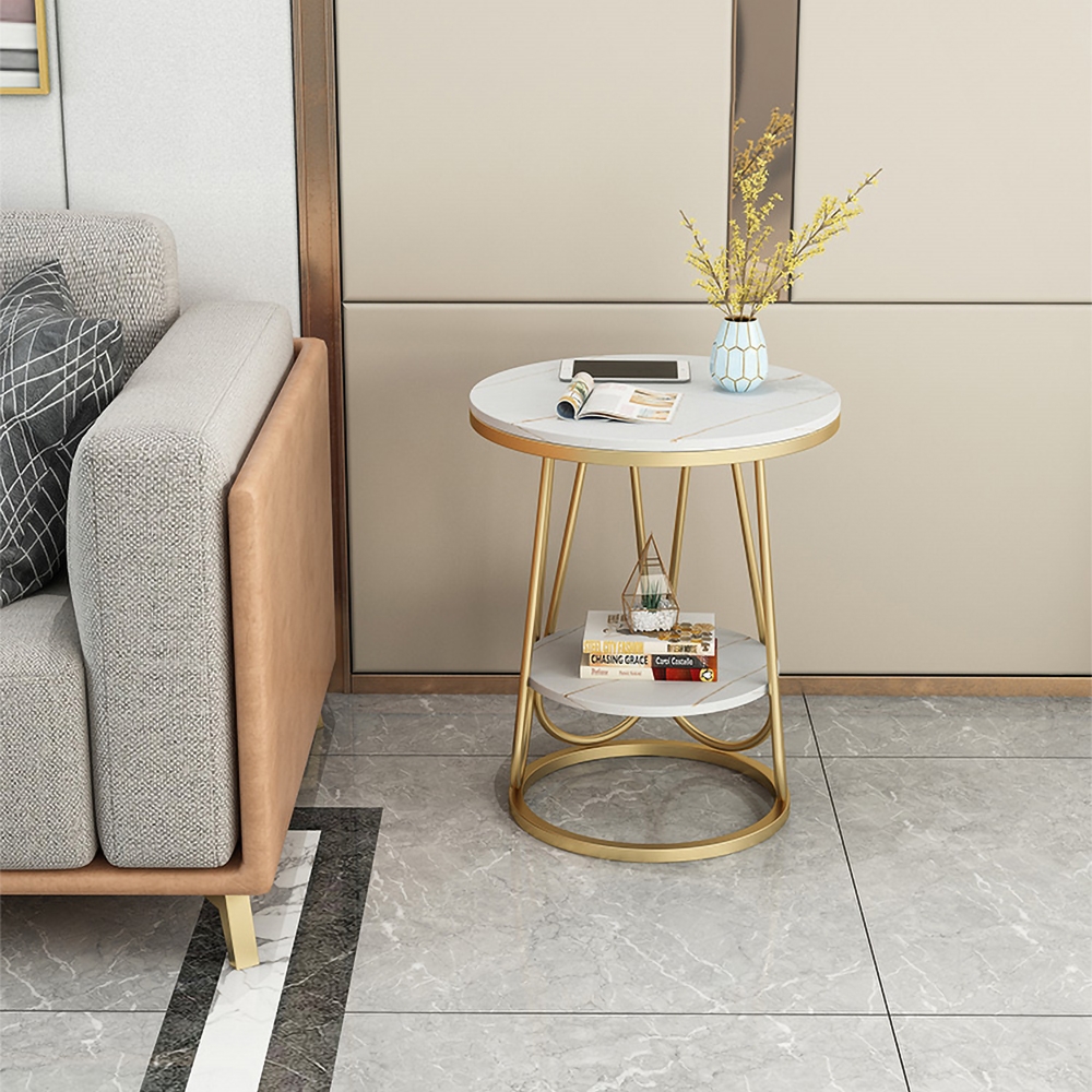 

Black Round Stone Side Table with Shelf in Gold Finish