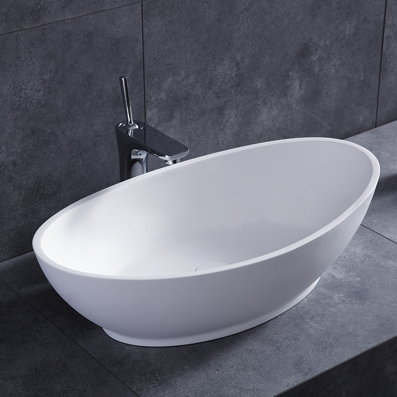 Modern Oval Stone Resin Deep Vessel Bathroom Sink in Matte White with Pop Up Drain