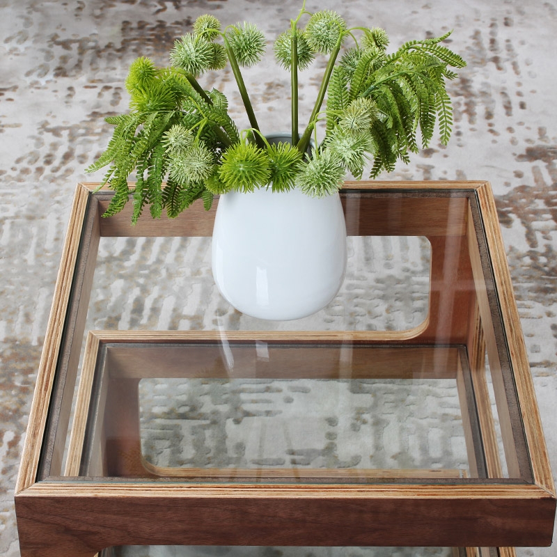 Modern Glass Side Table with 3 Tiers S-shaped End Table in Walnut