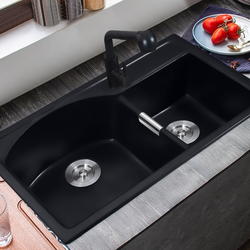 Modern 32" Granite Kitchen Sink Drop-In Sink Double Bowl Kitchen Sink Quartz Kitchen Sink Matte Black