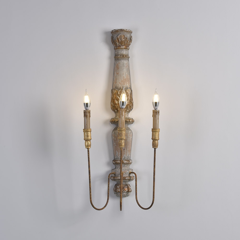 

Farmhouse Rustic 3-Light Distressed Carved Wood Candle Wall Sconce Rust Metal