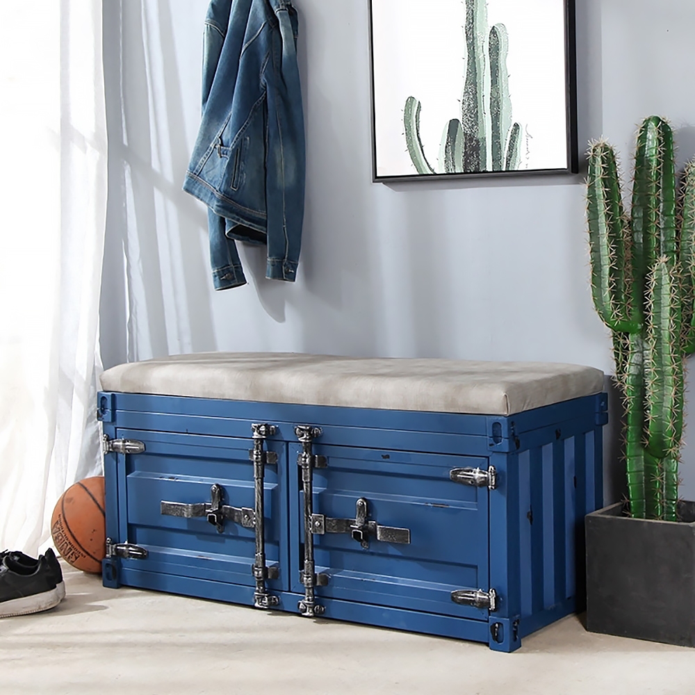 Image of PU Leather Upholstered Entryway Bench with Storage Industrial Style Blue Metal