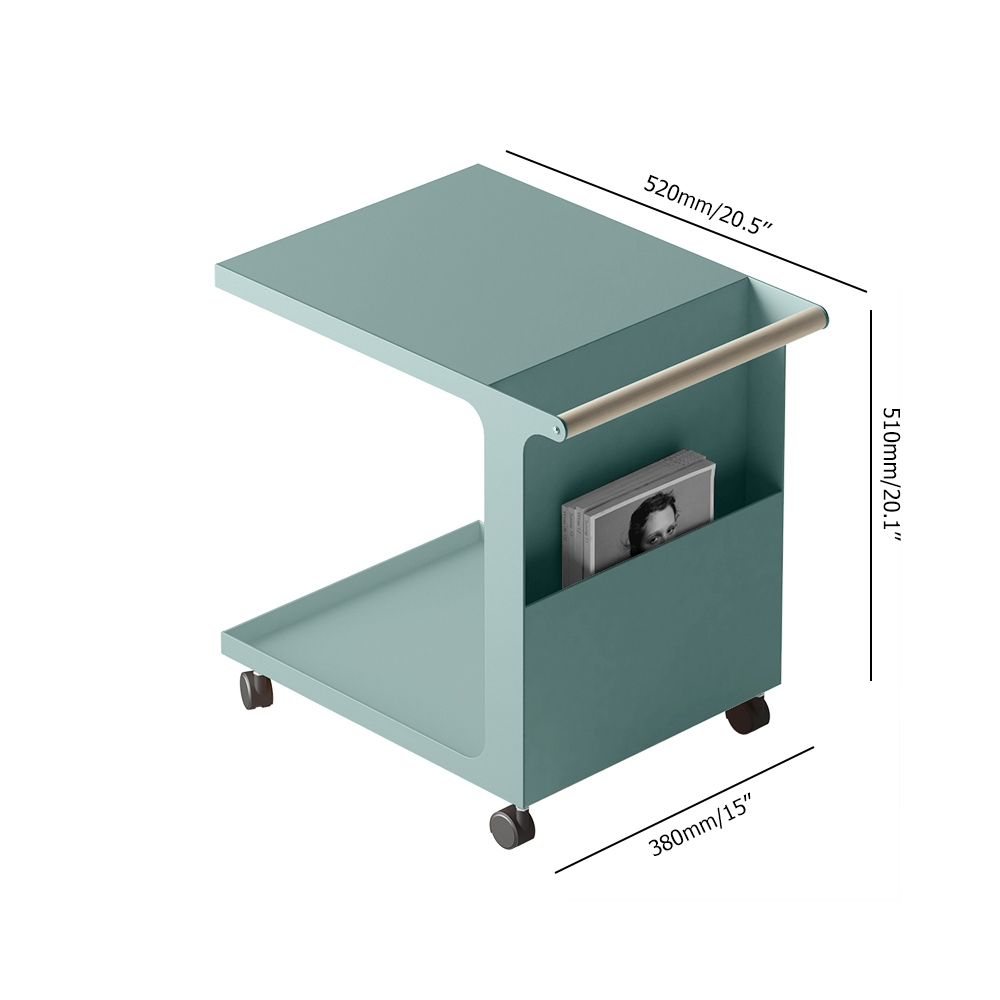15"W x 20.5"L Rolling C Table Metal Green Side Table with Magazine Rack