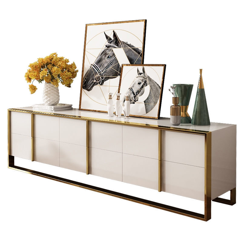 Zack White 2000mm TV Stand Modern Gold Media Console with 6-Drawer & Glass Top