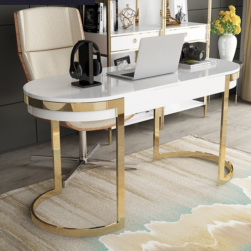 

Modern Office Desk with 2 Drawers Stainless Steel Legs Lacquer Oval Desk in White