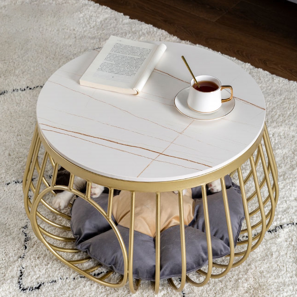 Modern White Side Table Faux Marble End Table with Round Tabletop Cat Bed