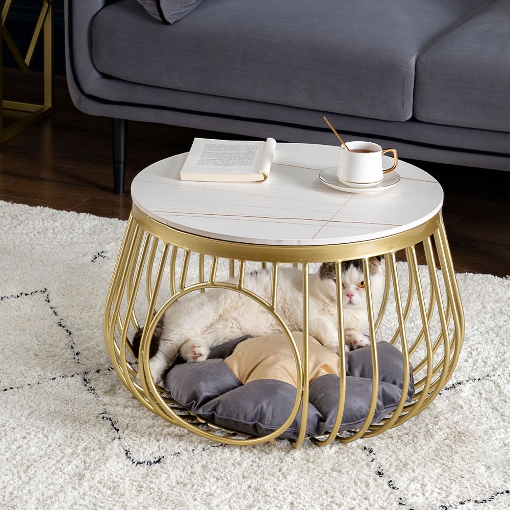 Modern White Side Table Faux Marble End Table with Round Tabletop Cat Bed