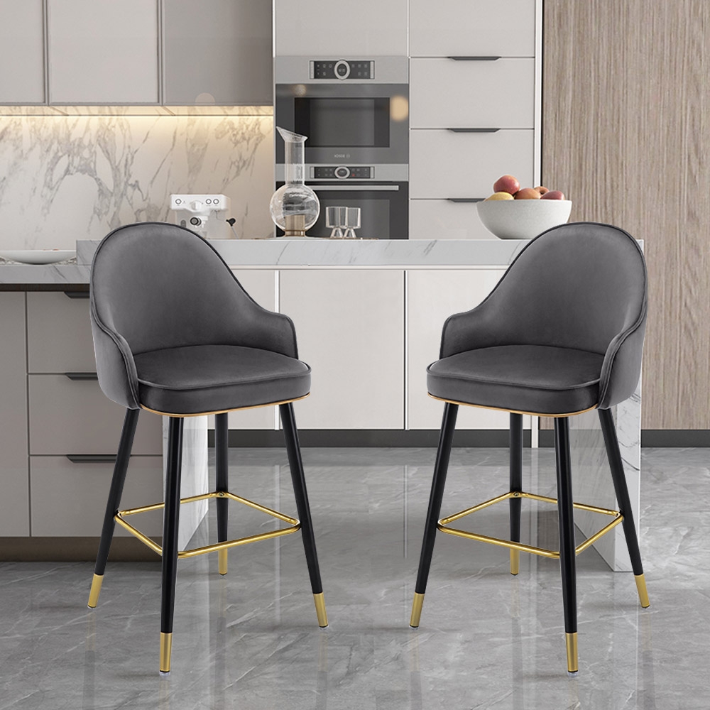 Image of Deep Gray Velvet Counter Height Bar Stool with Footrest Set of 2
