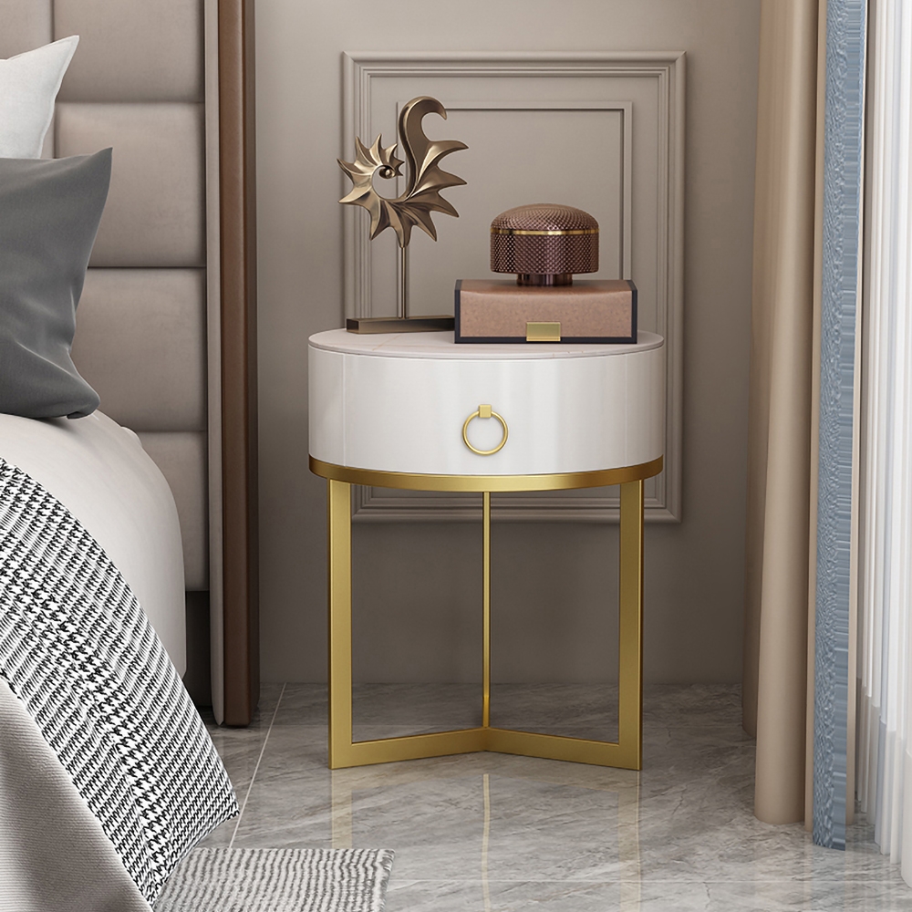 Round White Bedside Table with 1 Drawer Modern Bedside Table with Gold Frame
