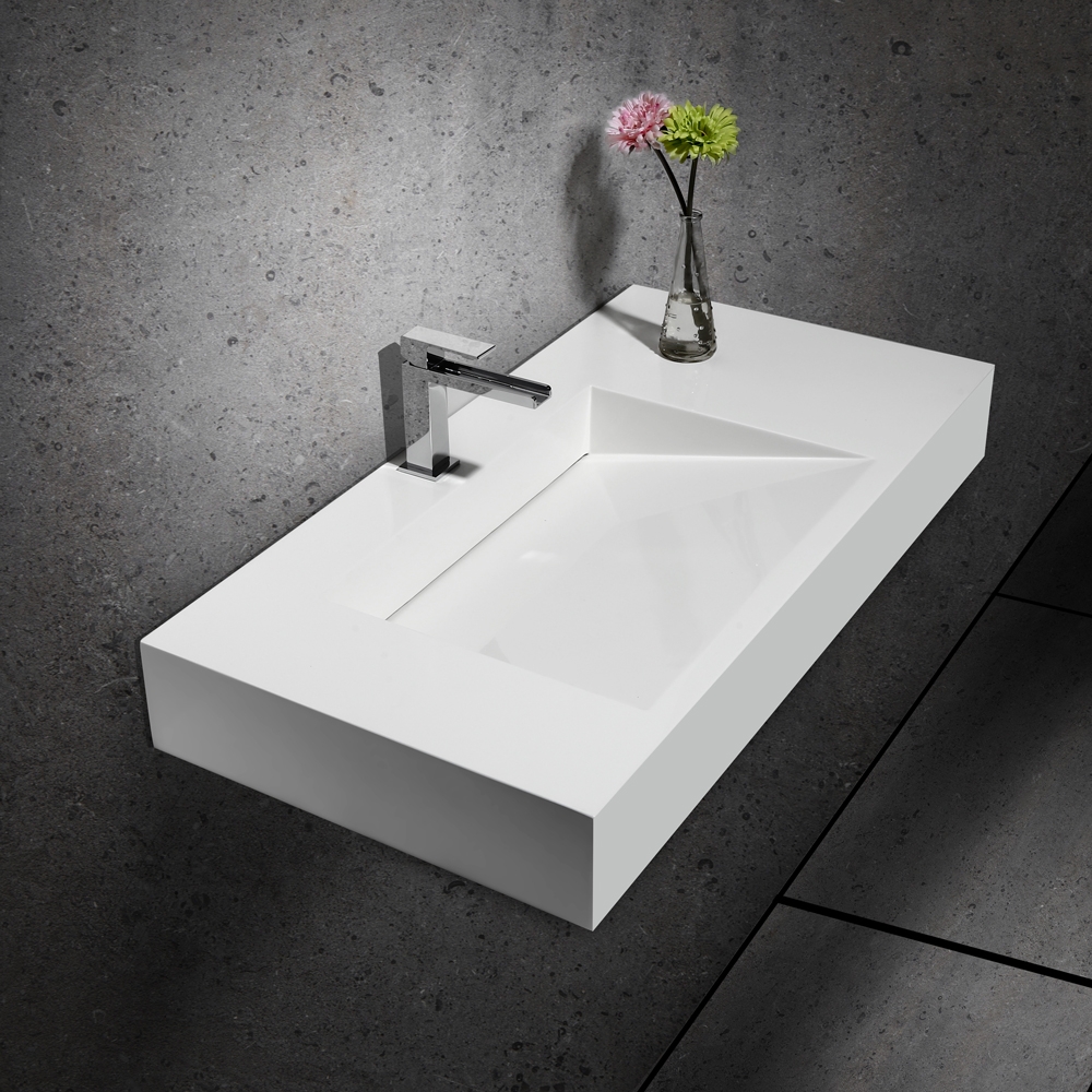 

40" Wall-Hung Stone Resin Rectangle Bathroom Ramped Sink in Matte White