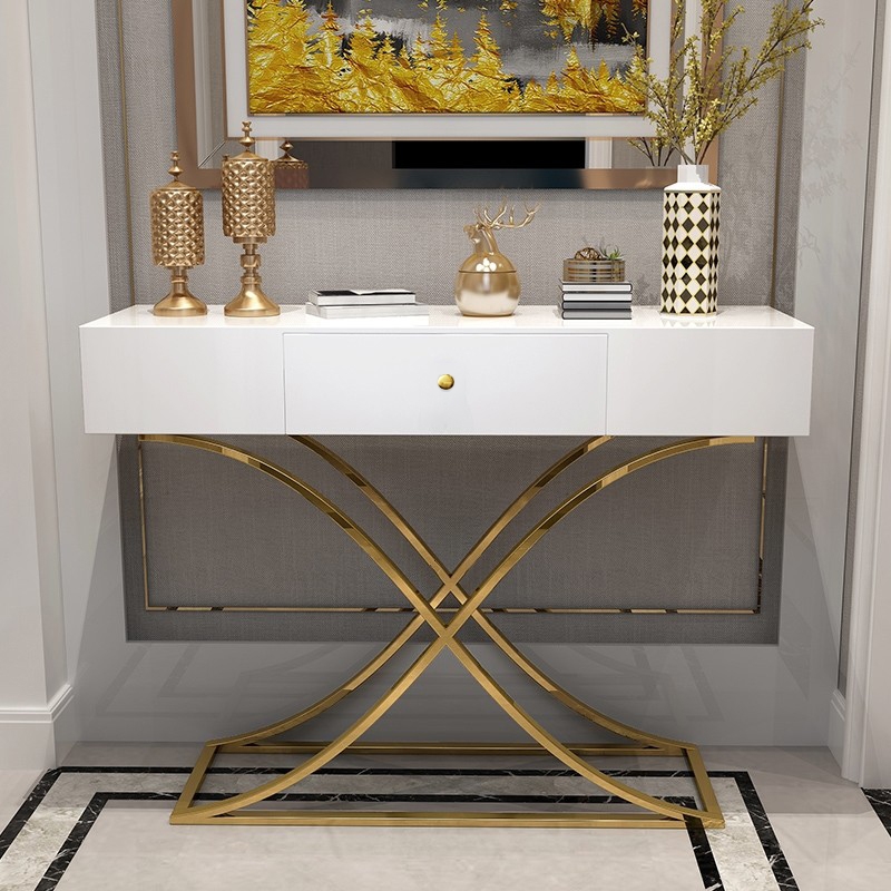 Mesa consola blanca con cajón Mesa de pasillo contemporánea para pasillo X Base dorada