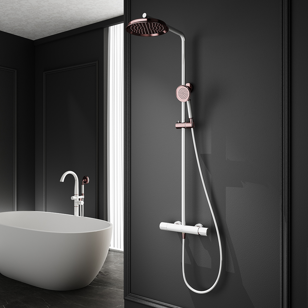 

Classic Bathroom Exposed Rainfall Shower System with Hand Shower White & Rose Gold