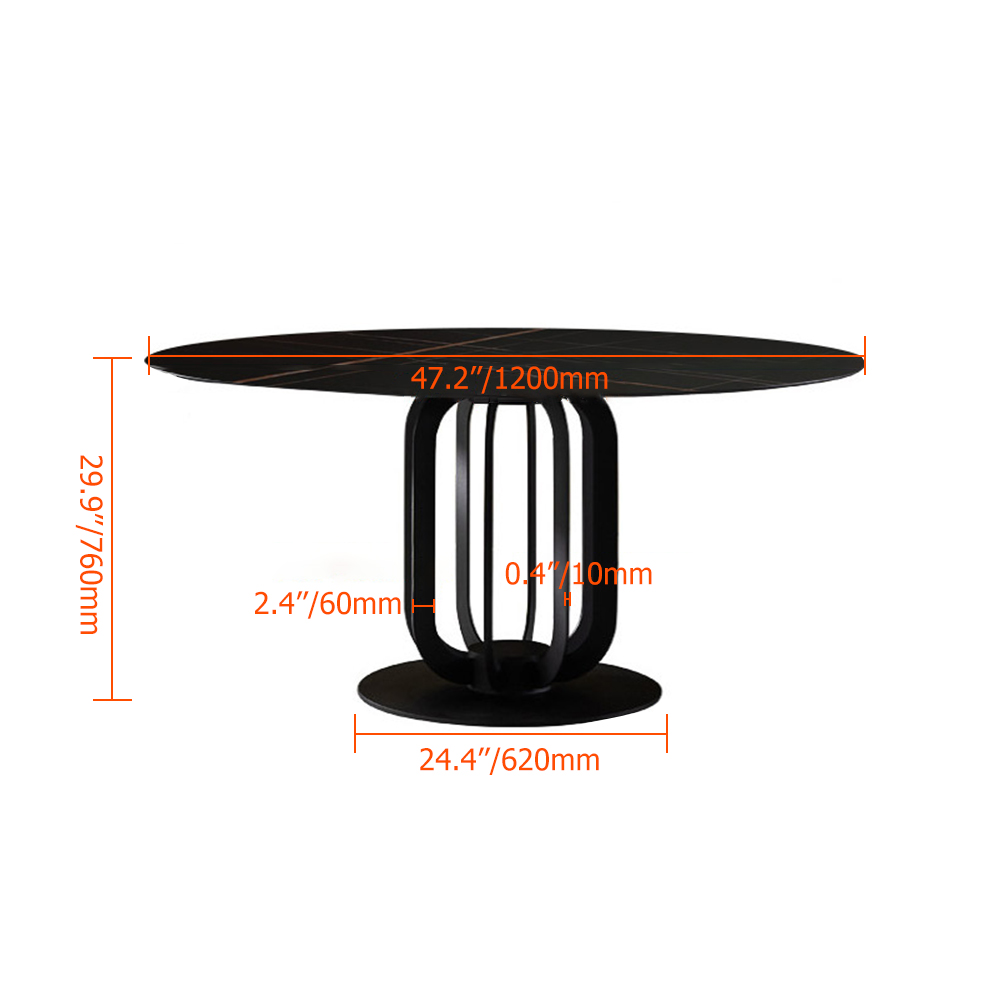47" Round Stone Top Dining Table Carbon Steel Base in Black