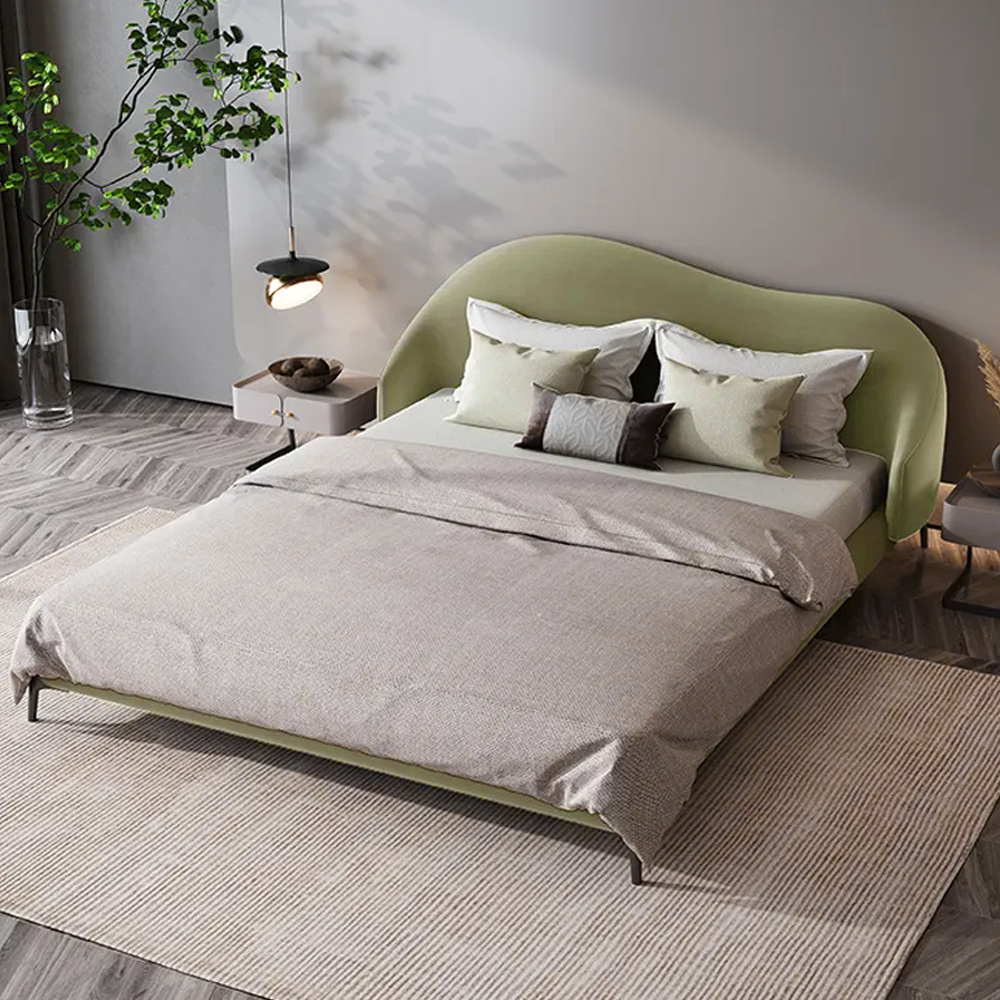 

Modern Velvet Queen Bed Upholstered Platform Bed with Curved Headboard