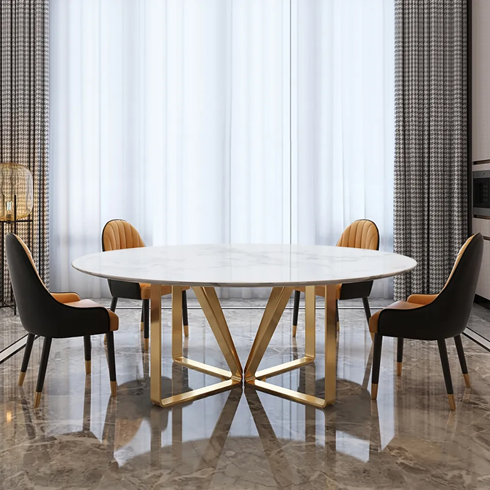 Modern Round Dining Table with Marble Top Stainless Frame-Homary