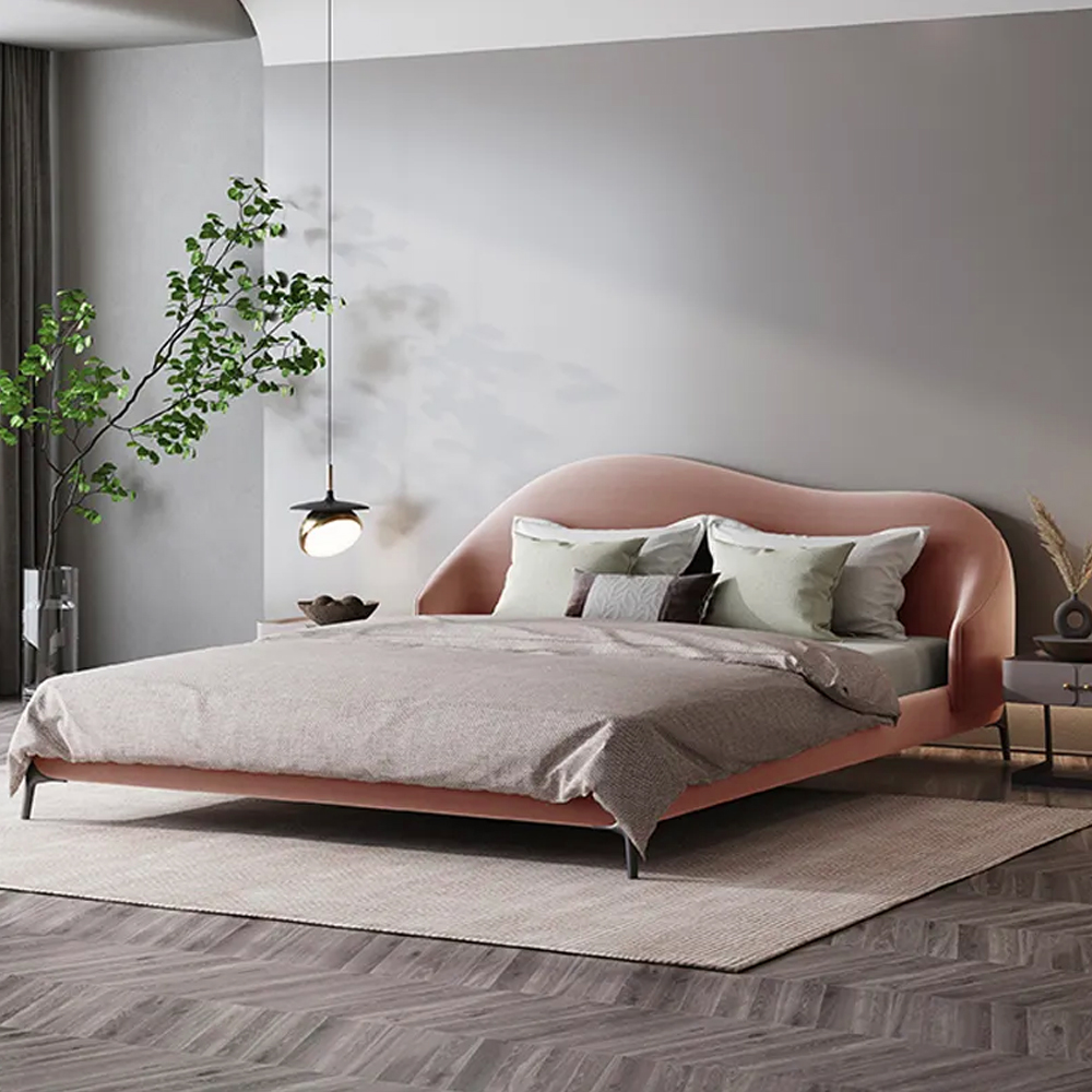 

Modern Upholstered Velvet Bed Cal King Platform Bed in Light Pink