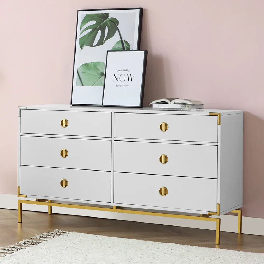 Modern white double dresser with 6 wooden drawers