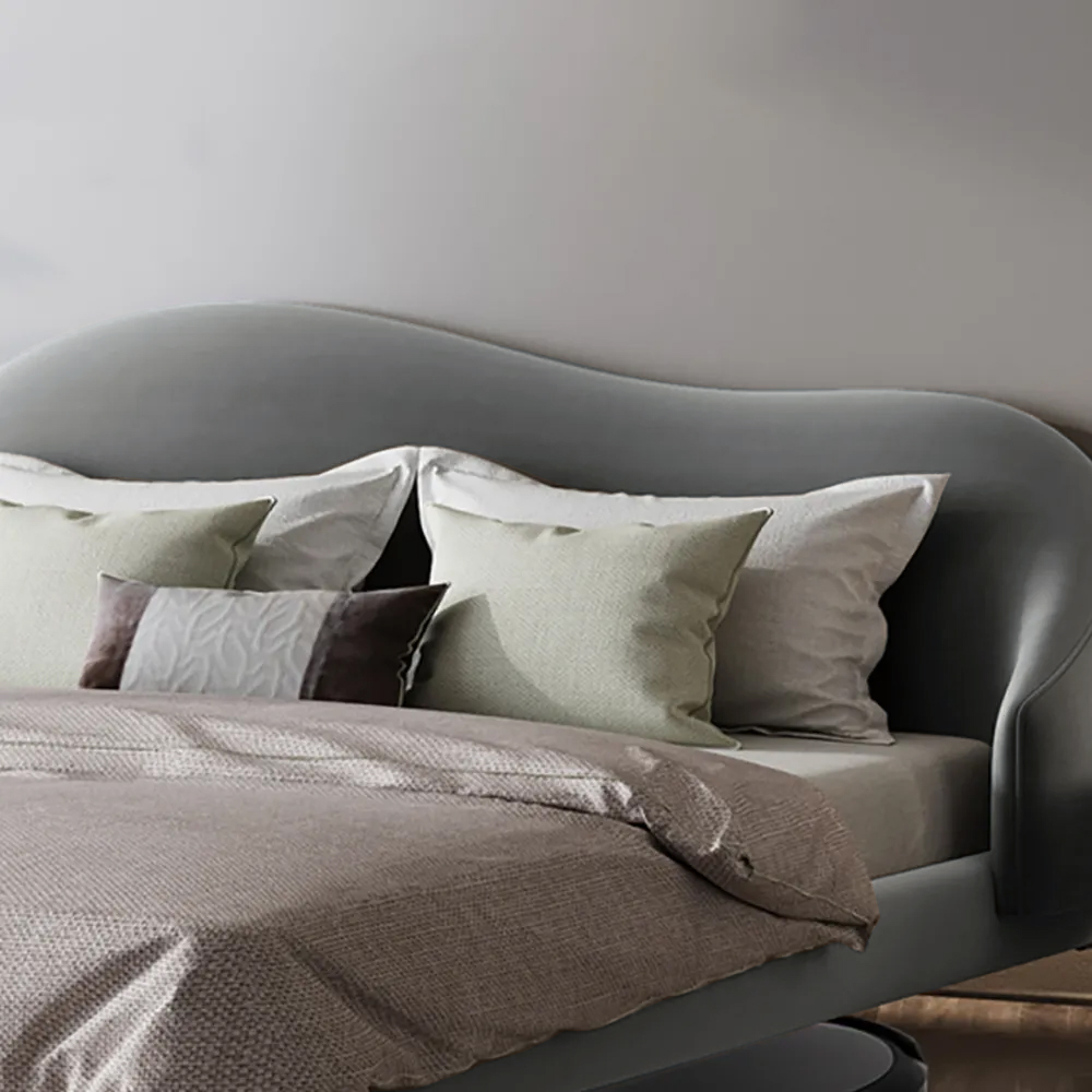 Velvet Upholstered Queen Bed Low Profile Platform Bed with Wooden Slats