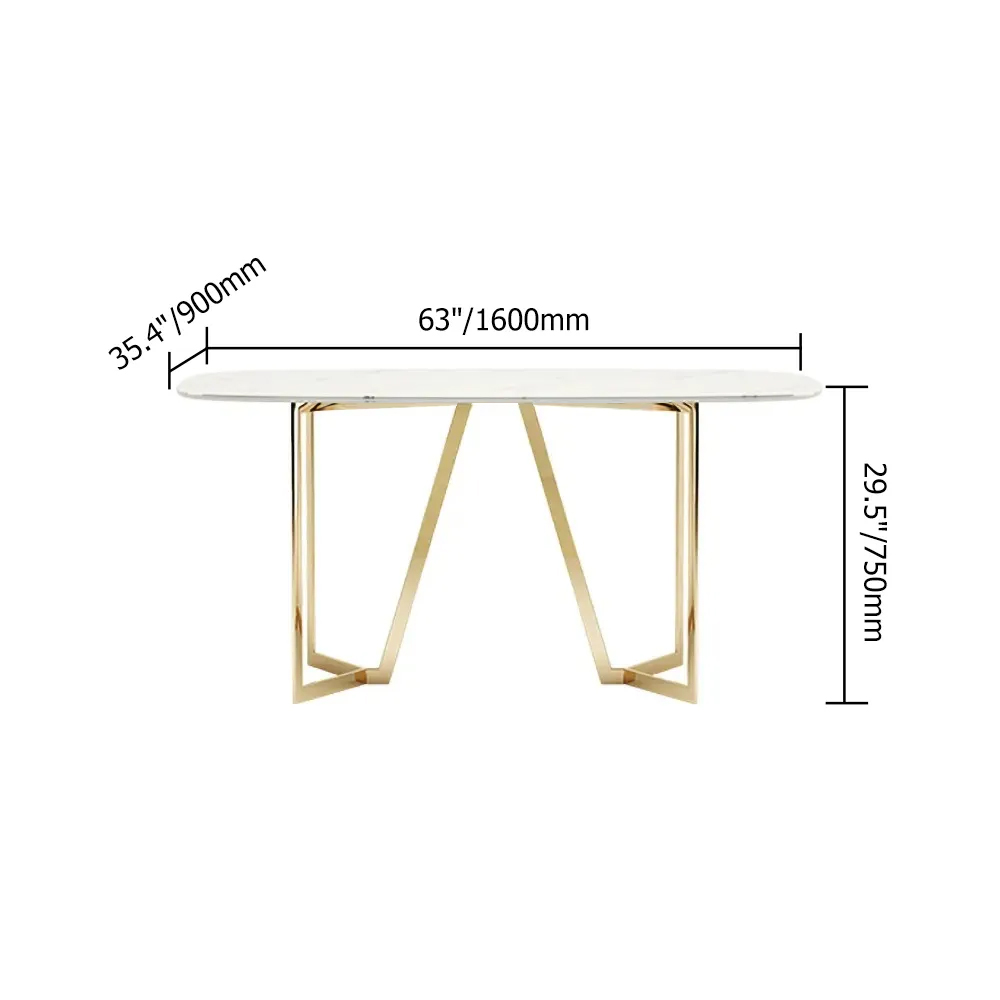 63" Rectangle Modern White Faux Marble Dining Table with Double Pedestal in Gold