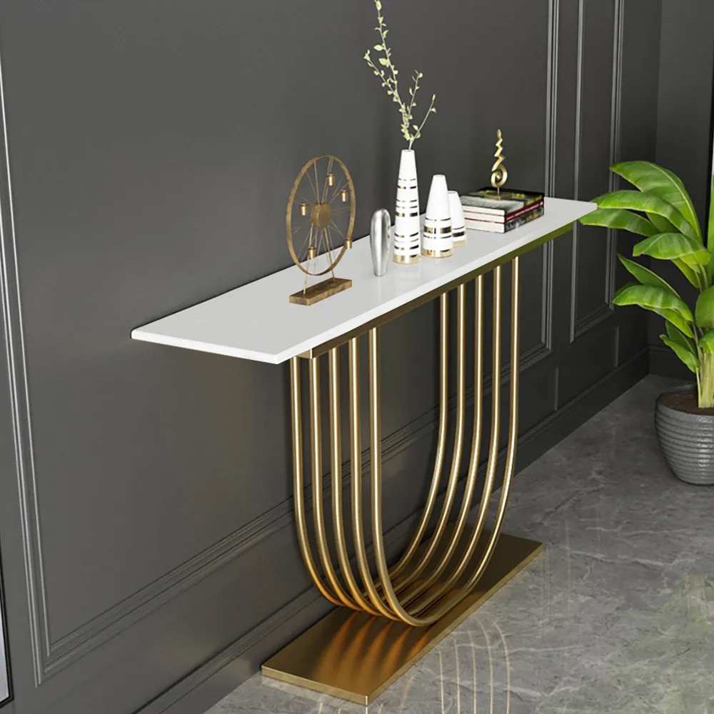 

47.2" White Solid Wood Narrow Console Table Gold Metal Pedestal Entryway Table