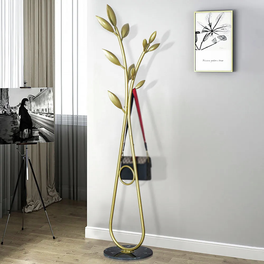 Modern Gold Metal Freestanding Tree Coat Rack with Faux Marble Base