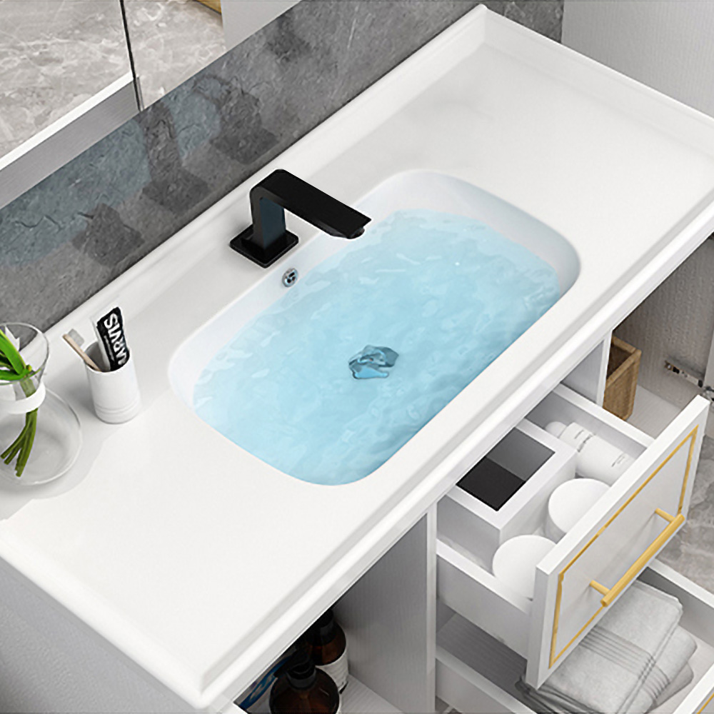 Modern 1010mm White Floating Bathroom Vanity Integral Ceramic Basin with Doors Drawers
