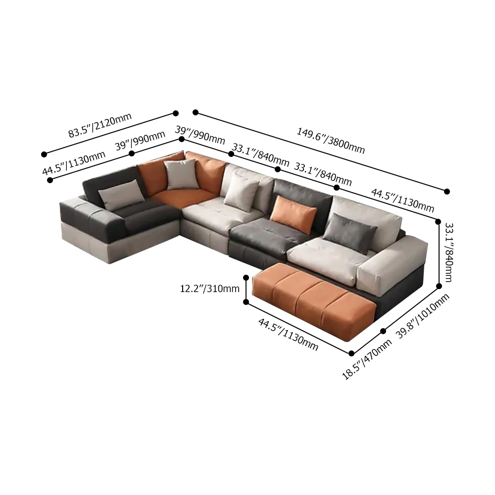 Faux Leather Upholstered Sofa Modern Sectional Sofa Pillows & Ottoman Included