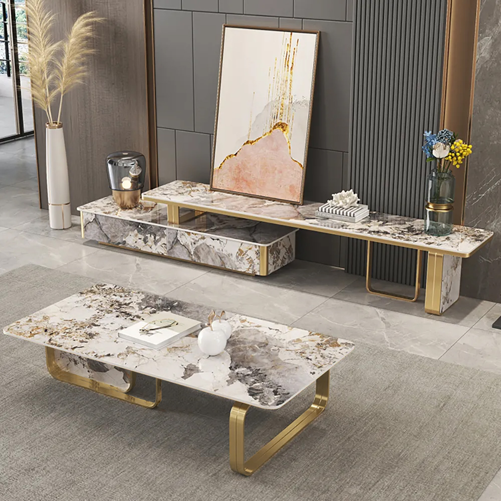 55" Contemporary Rectangle Stone & Stainless Steel Coffee Table