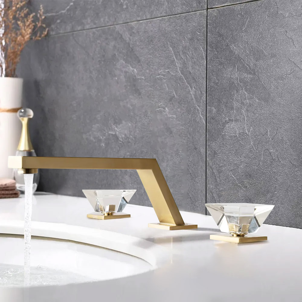 

Widespread Bathroom Sink Faucet with Double Crystal Knobs in Brushed Gold