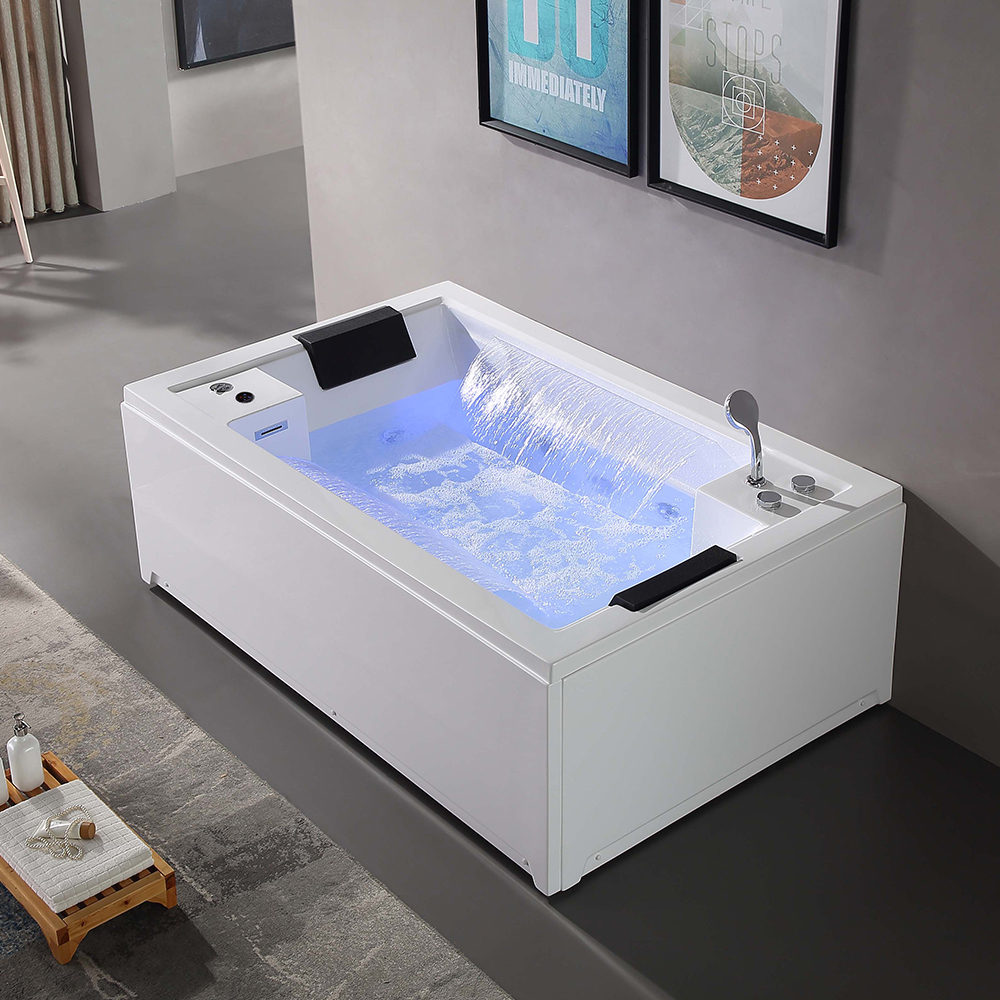 Image of 73" Modern Rectangular LED Acrylic Air Whirlpool Jetted&Two Side Waterfall Bathtub