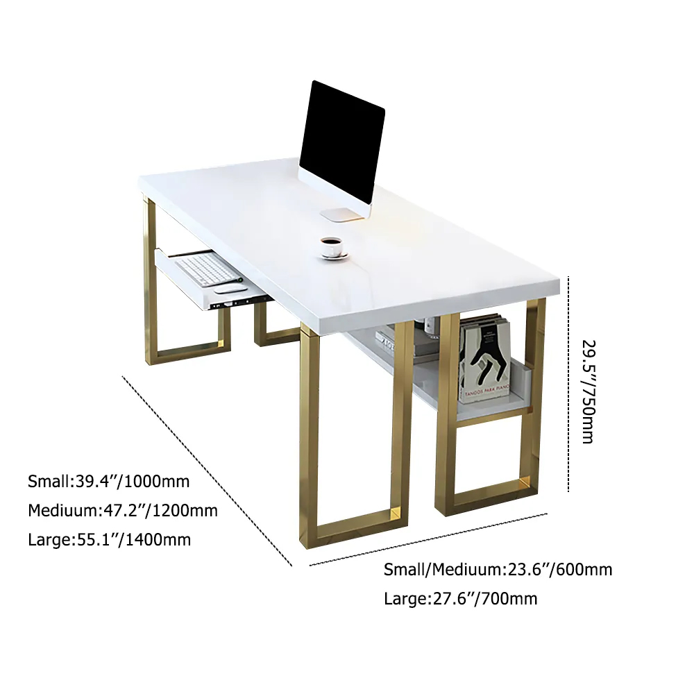 55" Modern White & Gold Rectangular Computer Desk with Keyboard Tray & Storage Shelf