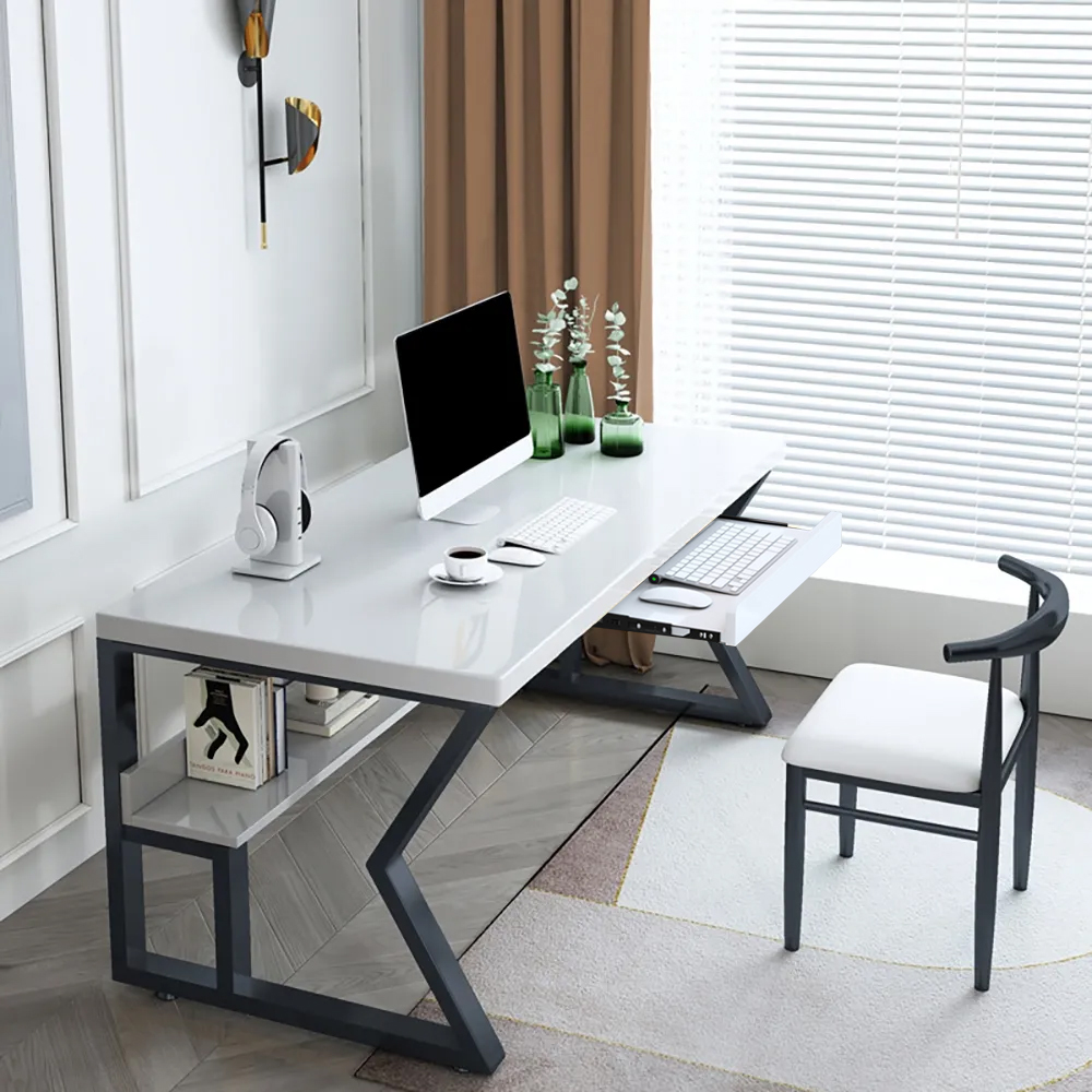 39" White Rectangular Writing Desk Computer Desk with Shelf & Keyboard Tray