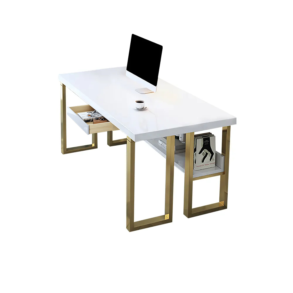 1400 mm moderner rechteckiger Computertisch in Weiß und Gold mit Schublade und Ablage