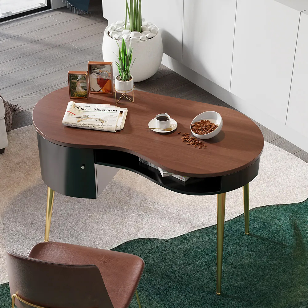 Modern Black & Gold Curved Office Desk Computer Desk with Shelf & Storage