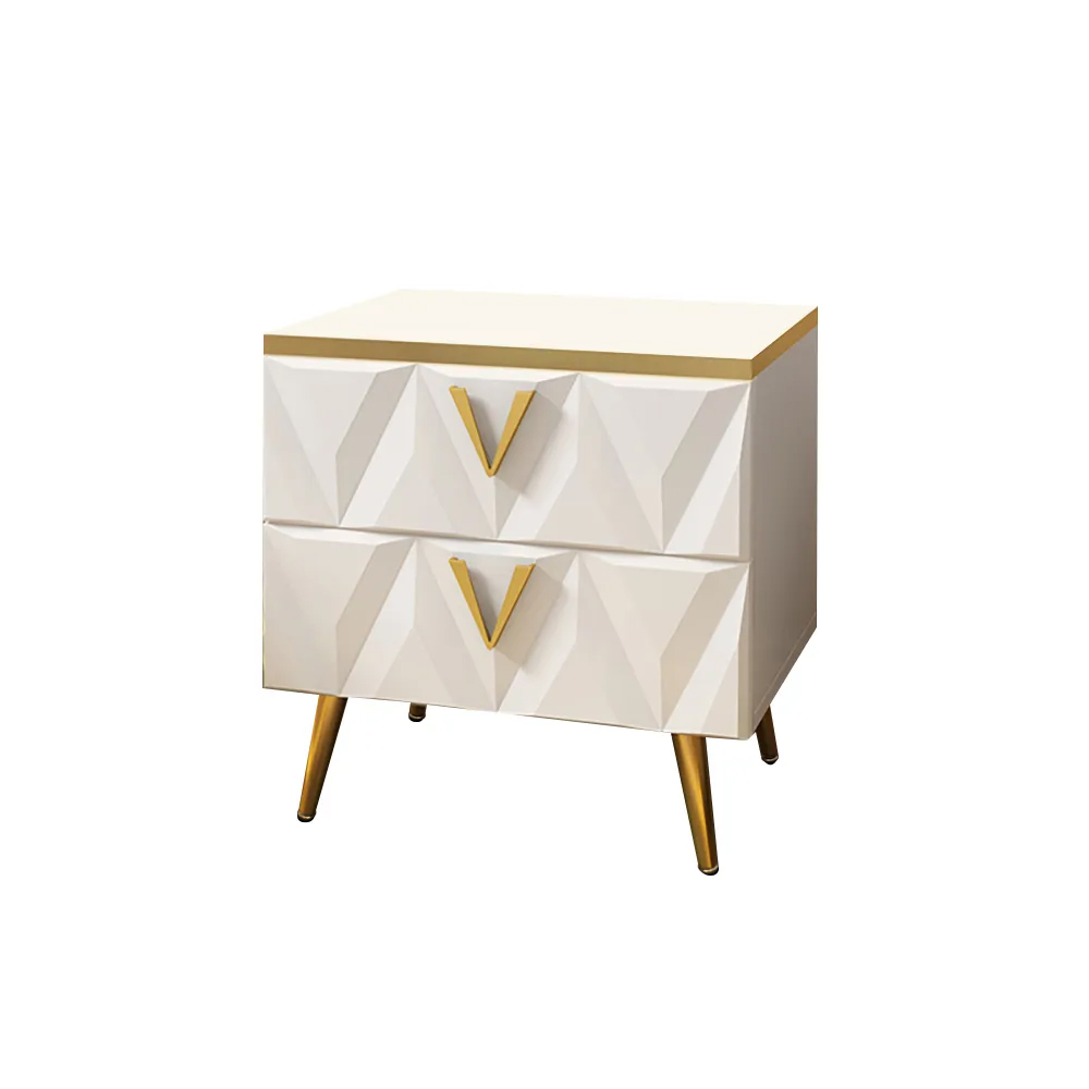 Nordic White Nightstand 2-Drawer Bedside Table V-Shaped Facet & Gold Pulls in Small