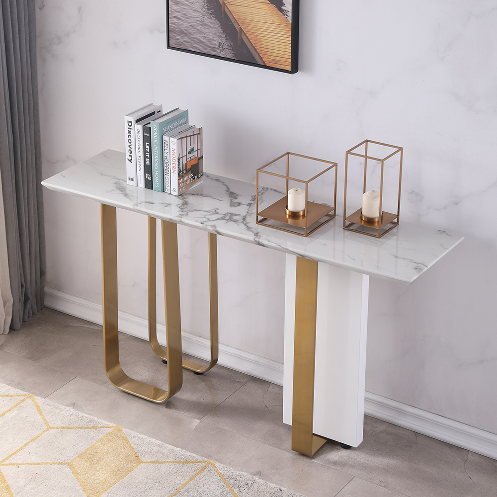 59.1" White Marble Rectangular Entryway Table Console Table Gold