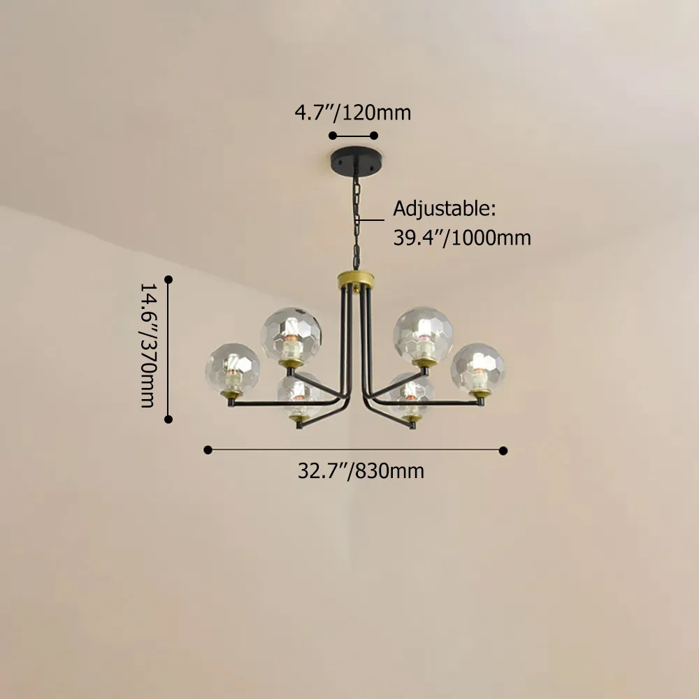 Black & Gold Sputnik Glass Chandelier 6-Light Ceiling Light Adjustable Height