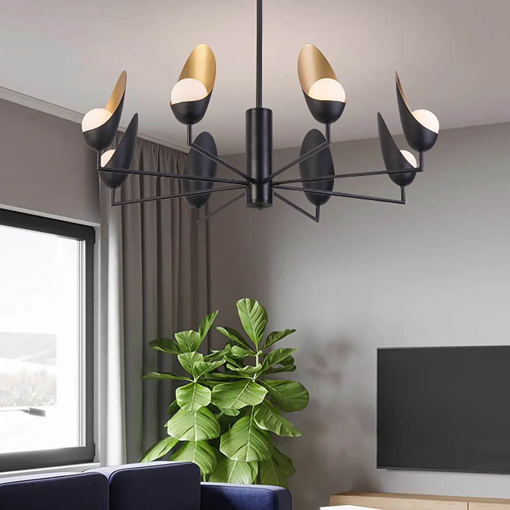 Black and Gold Glass Sputnik 8-Light Postmodern Chandelier for Living Room
