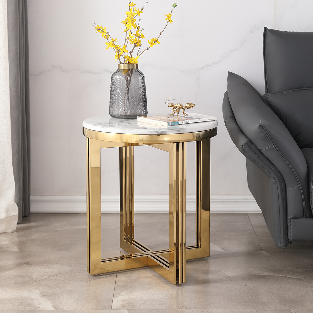 Nordic Round Marble-top End Table Side Table in White & Gold