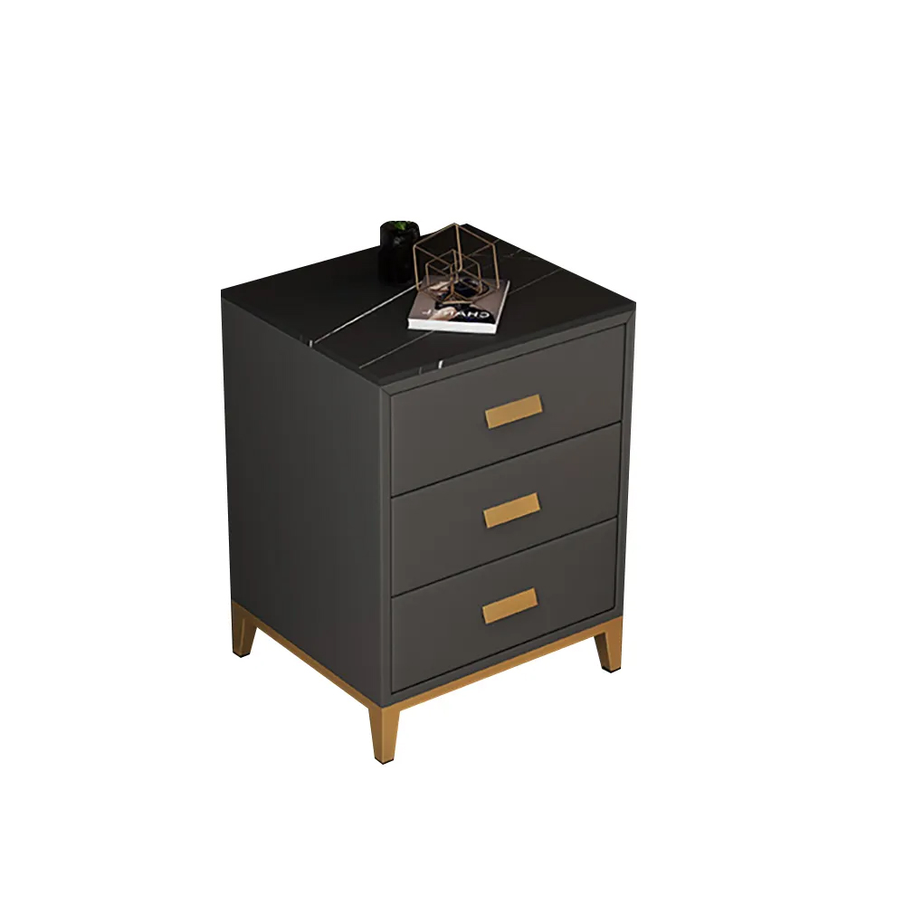 Italian Gray Stone-Top Nightstand with 3 Drawers in Gold Finish