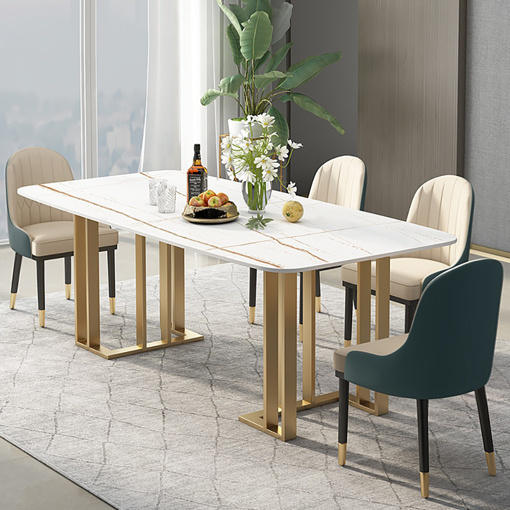 1400mm White Dining Table with Rectangular Sintered Stone Top & Metal Frame