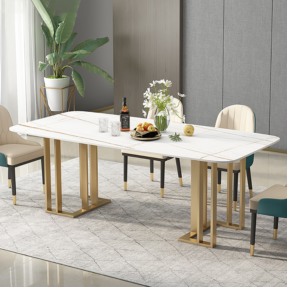 1400mm White Dining Table with Rectangular Sintered Stone Top & Metal Frame
