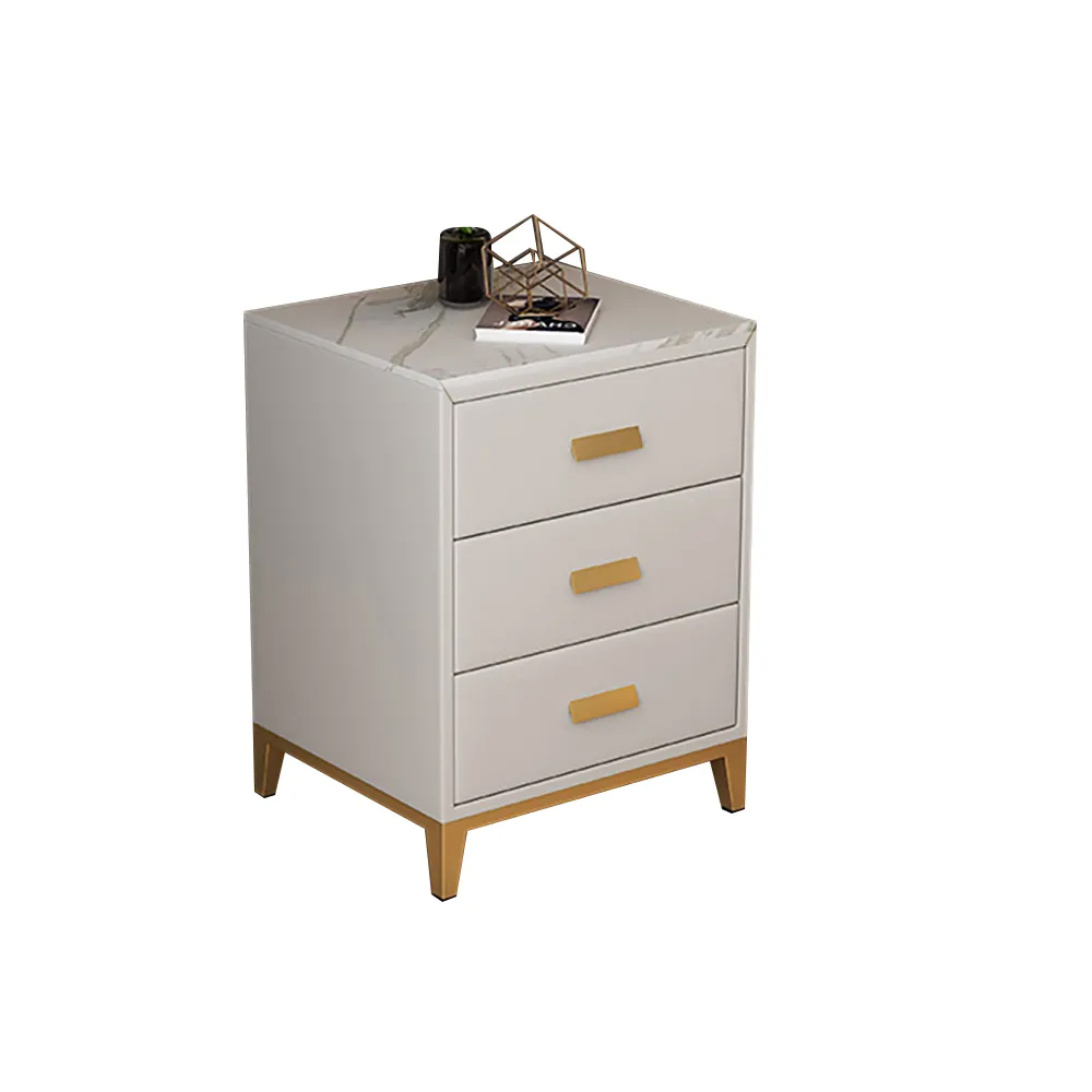 Italian White Sintered Stone-Top Nightstand with 3 Drawers  in Gold Finish