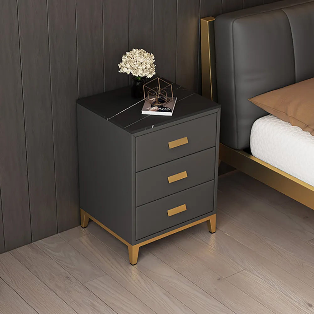 Italian Gray Sintered Stone-Top Nightstand with 3 Drawers in Gold Finish